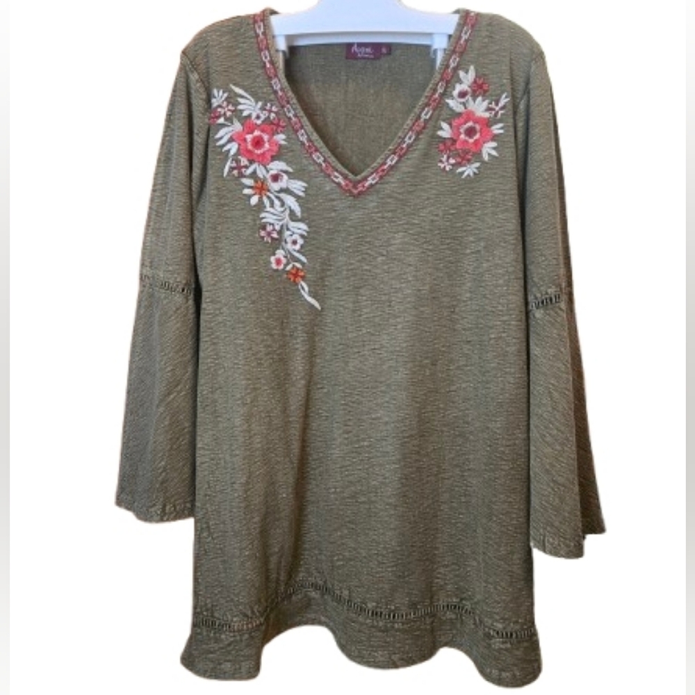 Avanti Olive Green Tunic with Pink Floral Embroidery